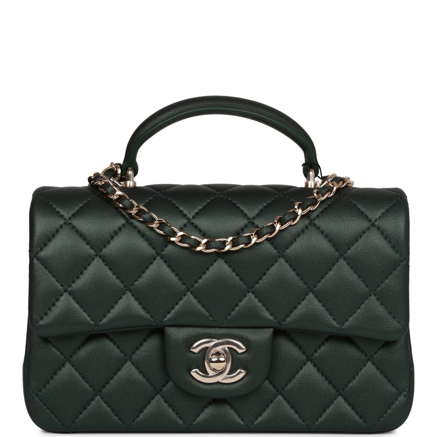 Chanel Mini Rectangular Flap With Top Handle Dark Green Lambskin Light Gold Hardware Rovelle Bags