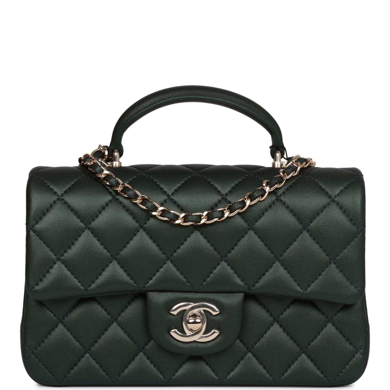 Chanel Mini Rectangular Flap With Top Handle Dark Green Lambskin Light Gold Hardware Rovelle Bags