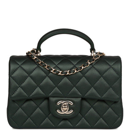 Chanel Mini Rectangular Flap With Top Handle Dark Green Lambskin Light Gold Hardware Rovelle Bags