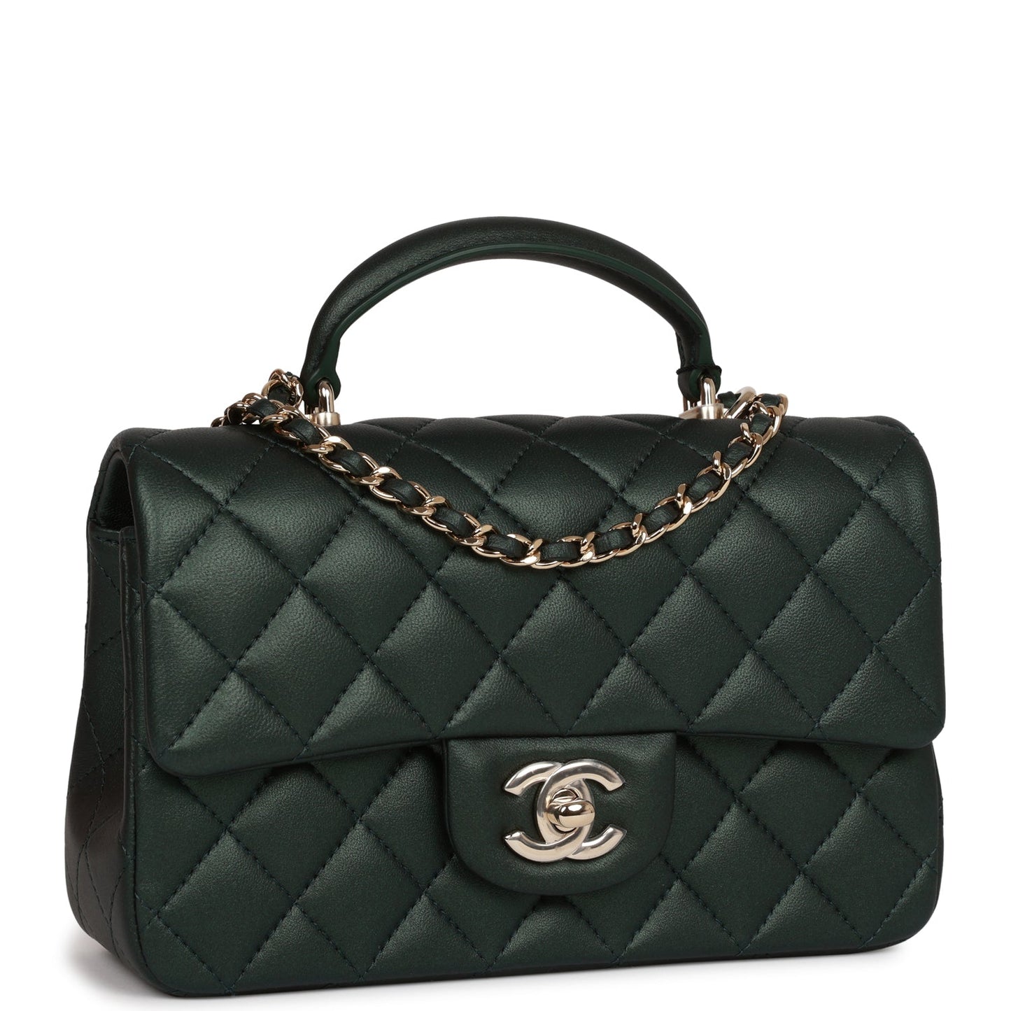 Chanel Mini Rectangular Flap With Top Handle Dark Green Lambskin Light Gold Hardware Rovelle Bags