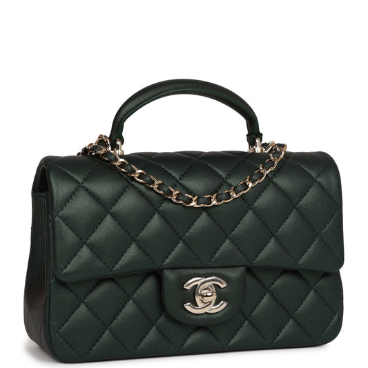 Chanel Mini Rectangular Flap With Top Handle Dark Green Lambskin Light Gold Hardware Rovelle Bags