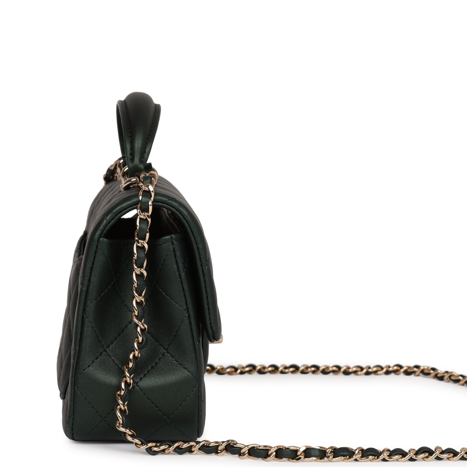 Chanel Mini Rectangular Flap With Top Handle Dark Green Lambskin Light Gold Hardware Rovelle Bags