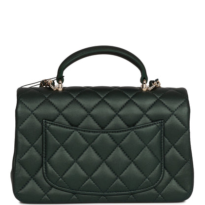 Chanel Mini Rectangular Flap With Top Handle Dark Green Lambskin Light Gold Hardware Rovelle Bags