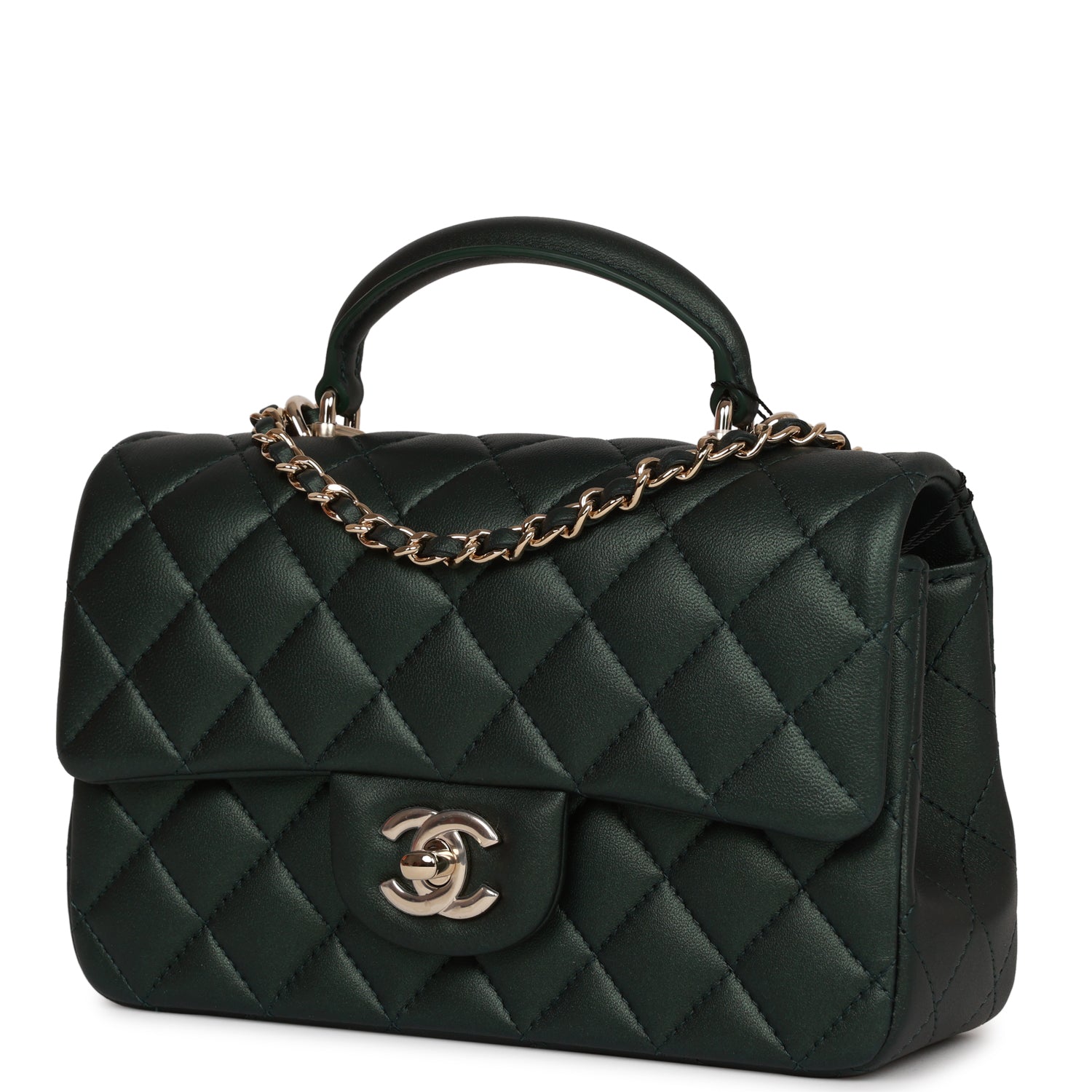 Chanel Mini Rectangular Flap With Top Handle Dark Green Lambskin Light Gold Hardware Rovelle Bags