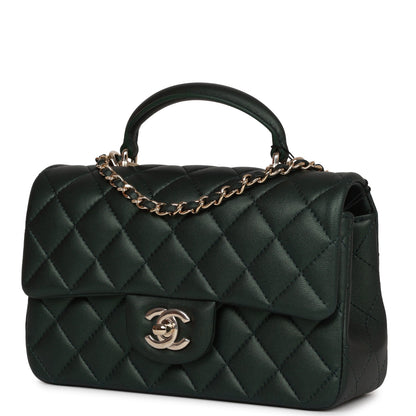 Chanel Mini Rectangular Flap With Top Handle Dark Green Lambskin Light Gold Hardware Rovelle Bags