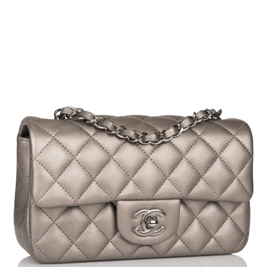Chanel Mini Rectangular Flap Bag Ruthenium Metallic Lambskin Silver Hardware Rovelle Bags