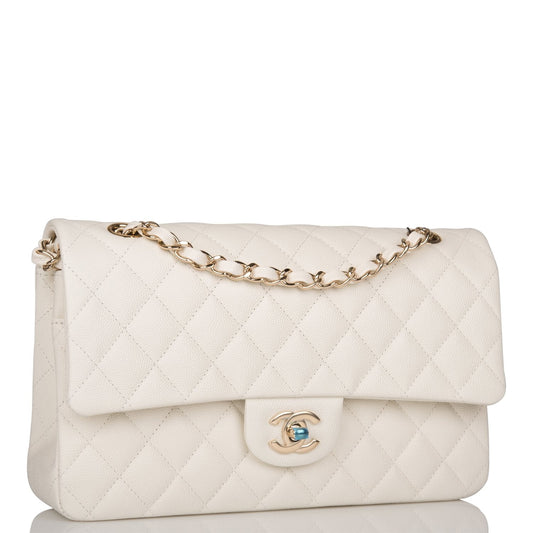 Chanel White Quilted Caviar Medium Classic Double Flap Bag Light Gold Hardware Rovelle Bags