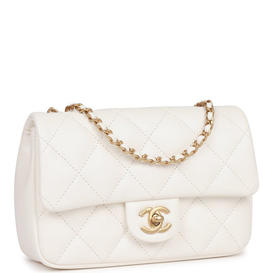 Chanel Mini Rectangular Flap Bag With Heart Chain White Lambskin Antique Gold Hardware Rovelle Bags