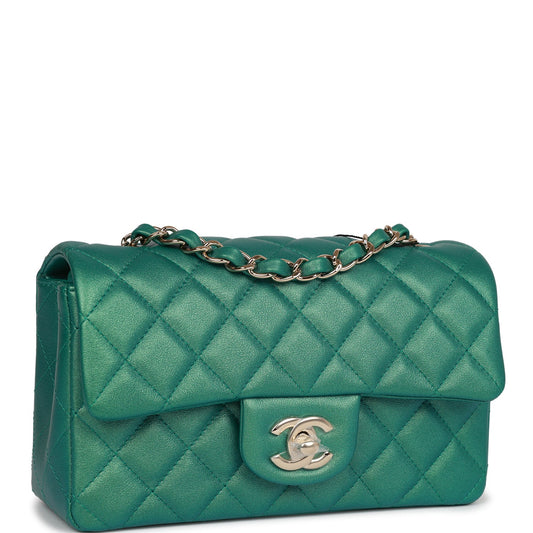 Chanel Mini Rectangular Flap Bag Green Iridescent Quilted Lambskin Light Gold Hardware Rovelle Bags