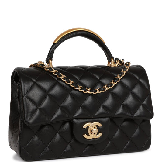 Chanel Rectangular Mini Flap Bag With Top Handle Black Lambskin Antique Gold Hardware Rovelle Bags