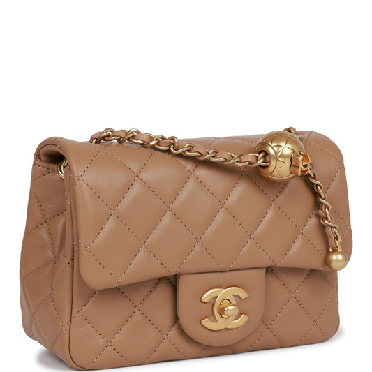 Chanel Pearl Crush Mini Square Flap Bag Beige Lambskin Antique Gold Hardware Rovelle Bags