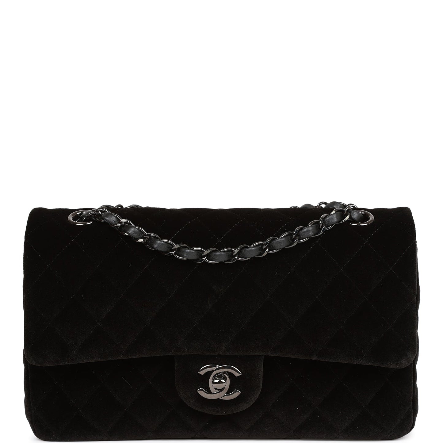 Chanel Medium Classic Double Flap Bag Black Velvet Ruthenium Hardware Rovelle Bags