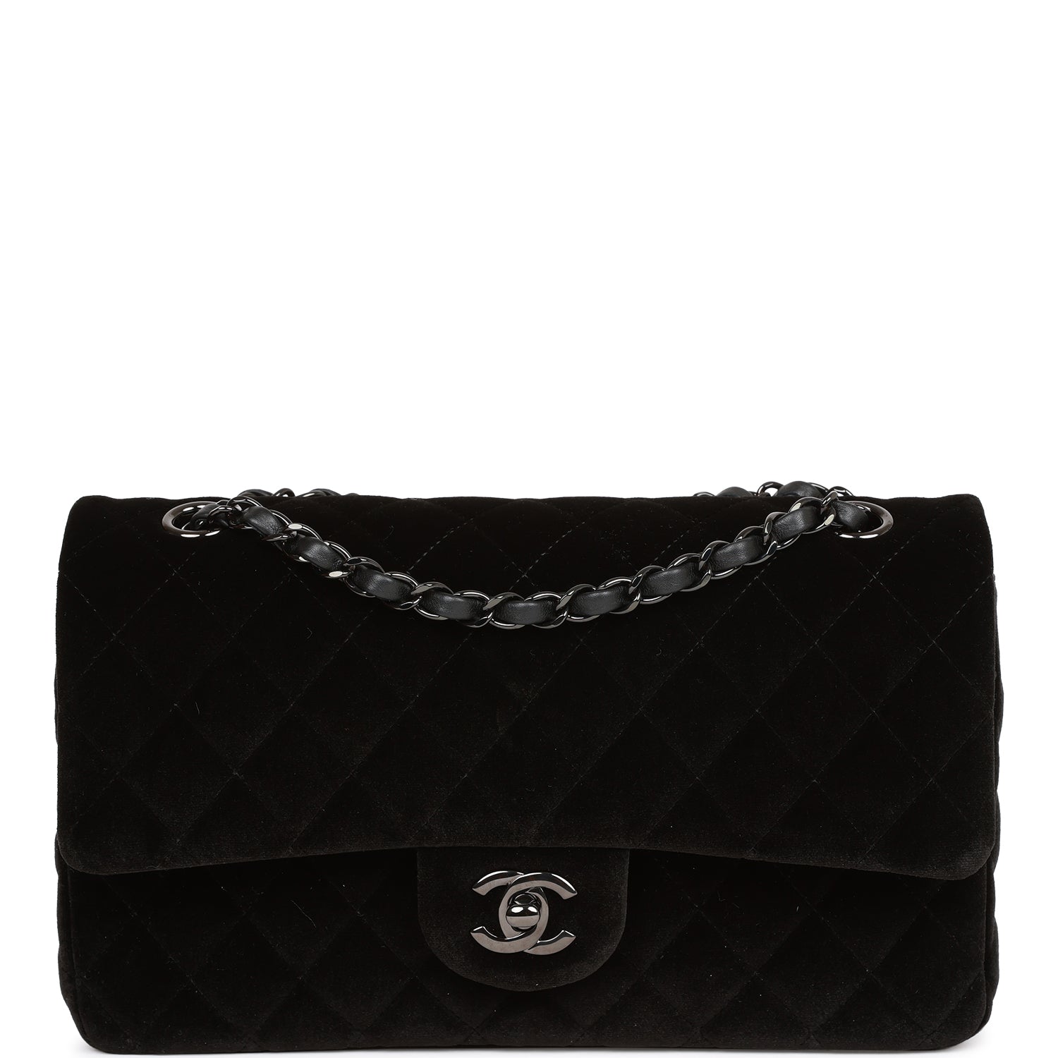 Chanel Medium Classic Double Flap Bag Black Velvet Ruthenium Hardware Rovelle Bags