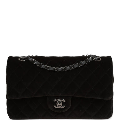 Chanel Medium Classic Double Flap Bag Black Velvet Ruthenium Hardware Rovelle Bags