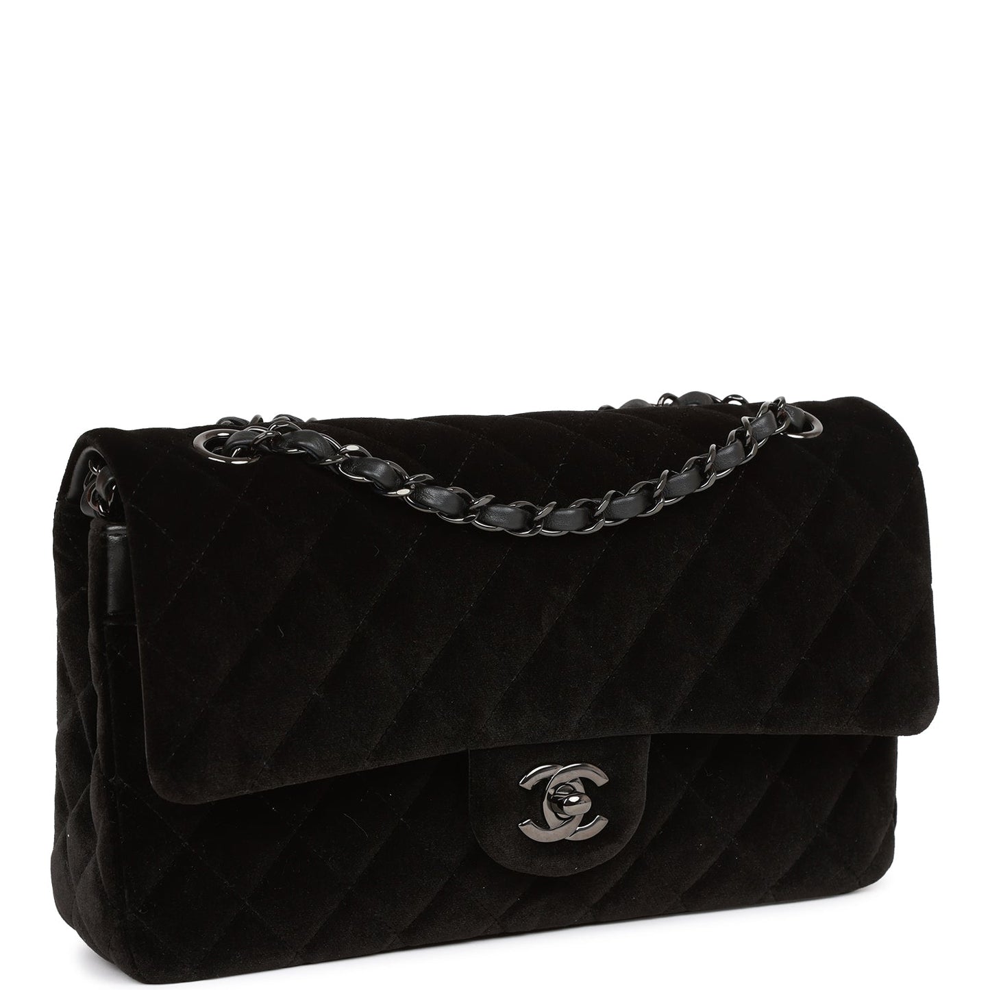 Chanel Medium Classic Double Flap Bag Black Velvet Ruthenium Hardware Rovelle Bags
