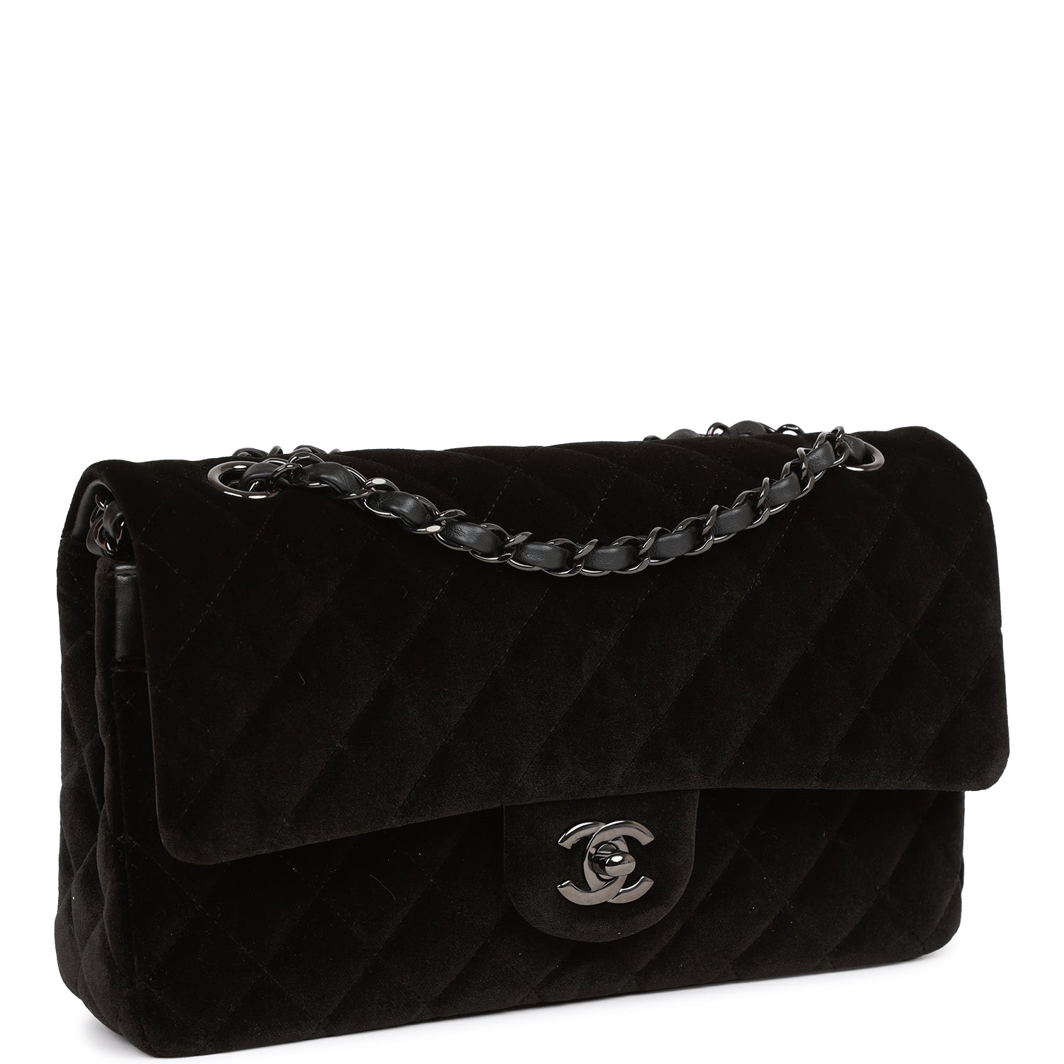 Chanel Medium Classic Double Flap Bag Black Velvet Ruthenium Hardware Rovelle Bags