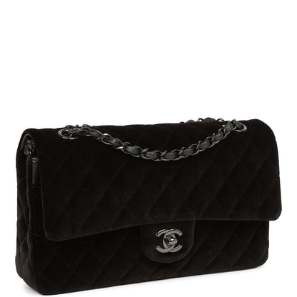 Chanel Medium Classic Double Flap Bag Black Velvet Ruthenium Hardware Rovelle Bags