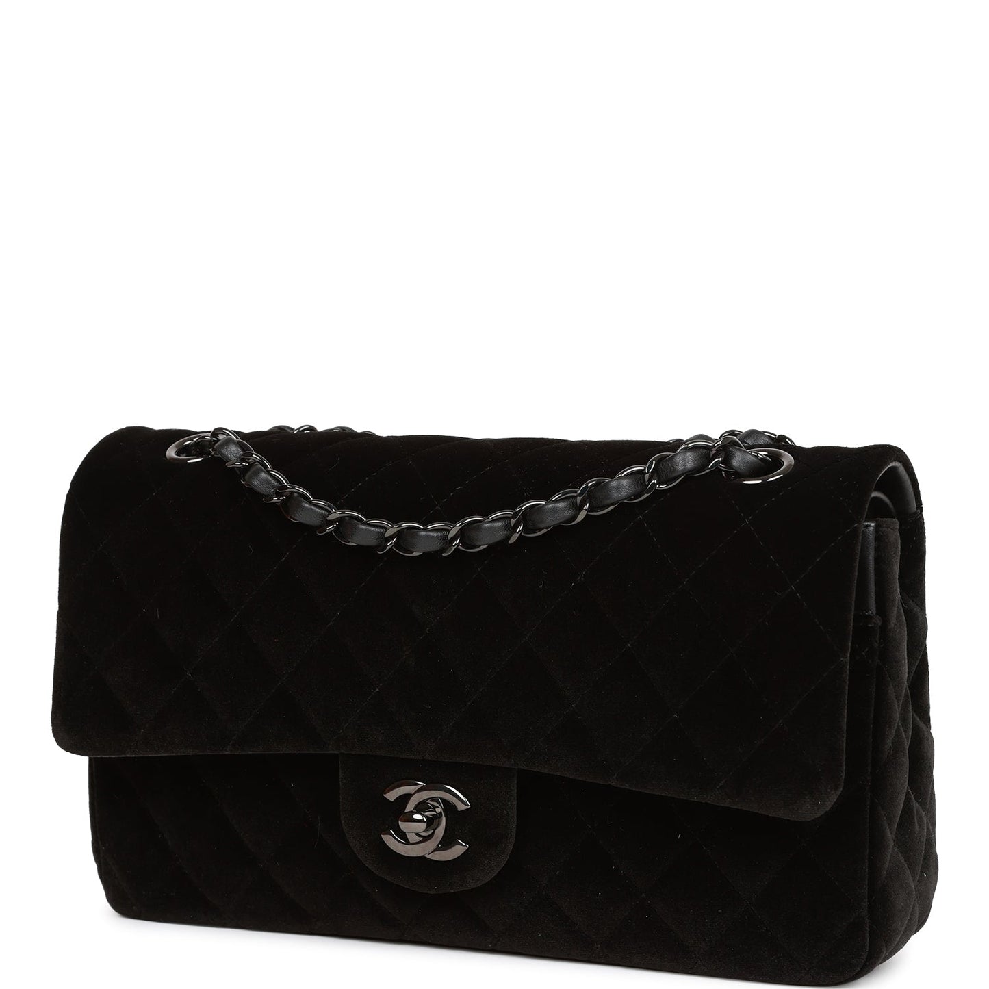 Chanel Medium Classic Double Flap Bag Black Velvet Ruthenium Hardware Rovelle Bags