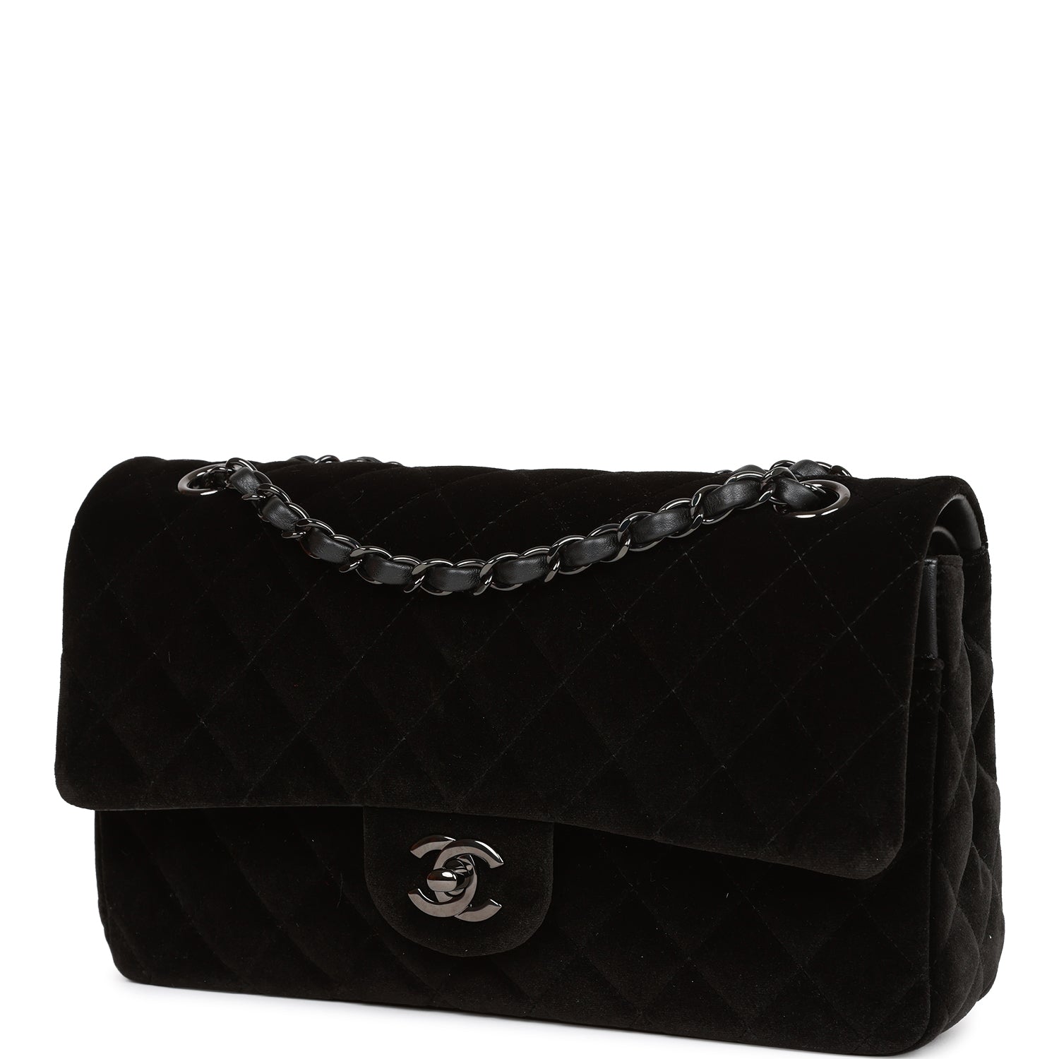 Chanel Medium Classic Double Flap Bag Black Velvet Ruthenium Hardware Rovelle Bags