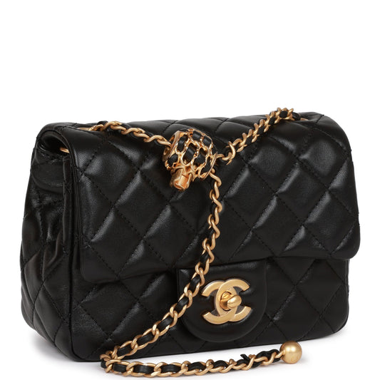 Chanel Pearl Crush Mini Square Flap Bag Black Lambskin Antique Gold Hardware Rovelle Bags
