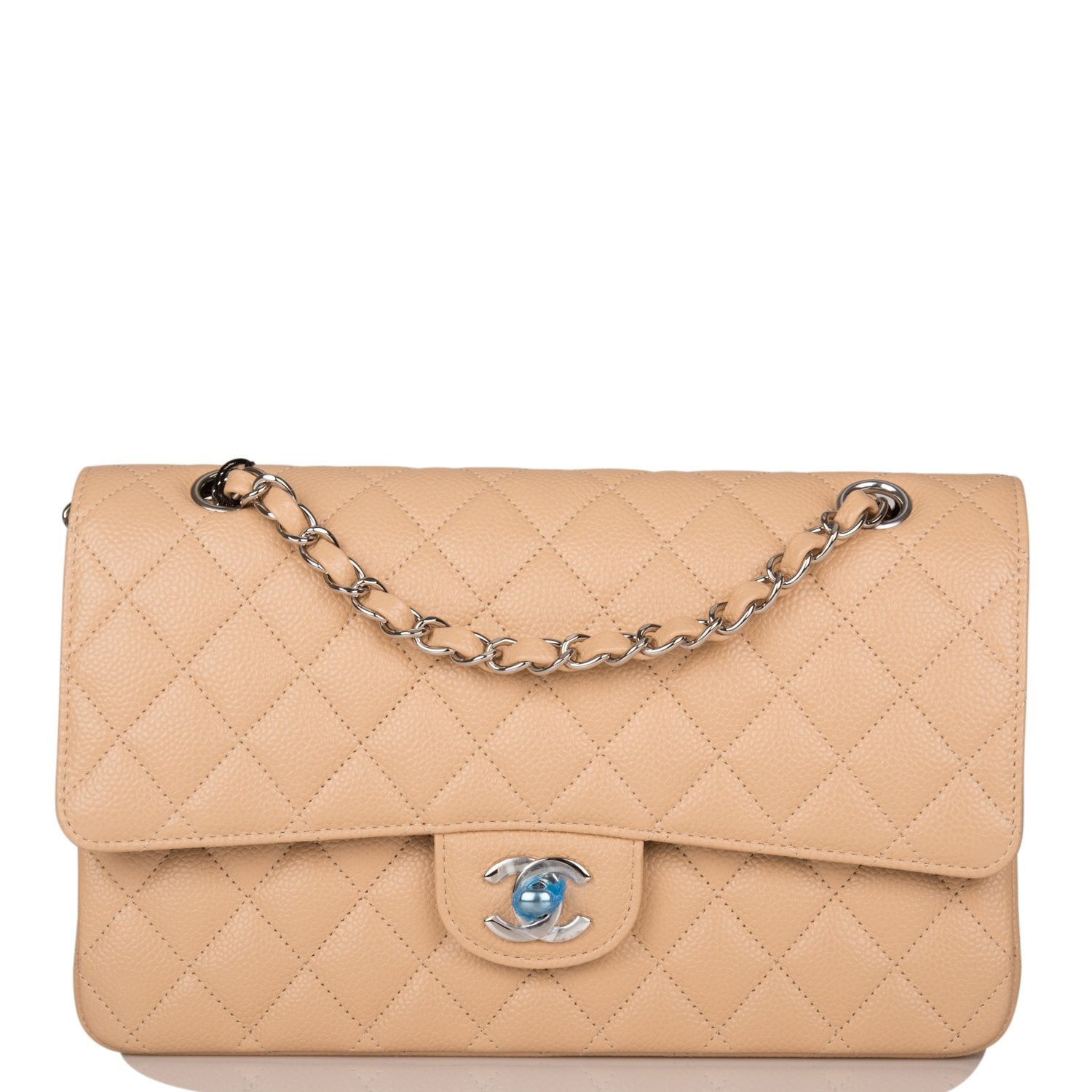 Chanel Medium Classic Double Flap Bag Beige Quilted Caviar Silver Hardware Rovelle Bags