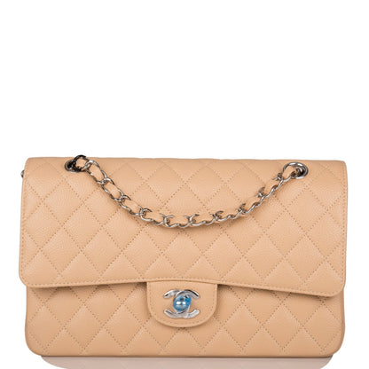 Chanel Medium Classic Double Flap Bag Beige Quilted Caviar Silver Hardware Rovelle Bags