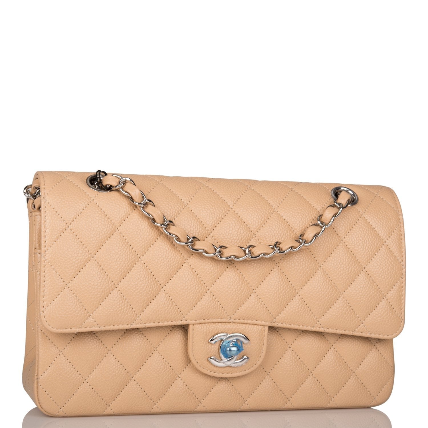 Chanel Medium Classic Double Flap Bag Beige Quilted Caviar Silver Hardware Rovelle Bags