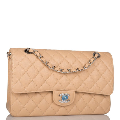 Chanel Medium Classic Double Flap Bag Beige Quilted Caviar Silver Hardware Rovelle Bags