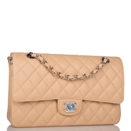 Chanel Medium Classic Double Flap Bag Beige Quilted Caviar Silver Hardware Rovelle Bags