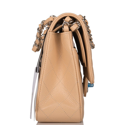 Chanel Medium Classic Double Flap Bag Beige Quilted Caviar Silver Hardware Rovelle Bags