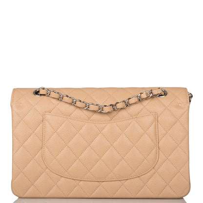Chanel Medium Classic Double Flap Bag Beige Quilted Caviar Silver Hardware Rovelle Bags