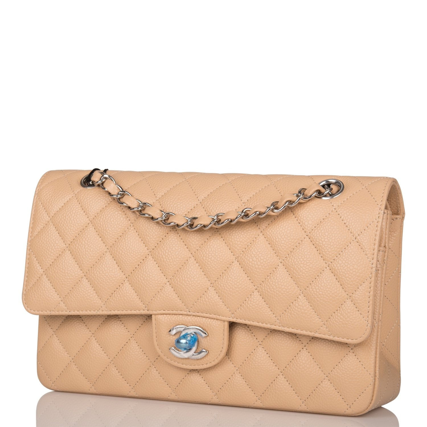 Chanel Medium Classic Double Flap Bag Beige Quilted Caviar Silver Hardware Rovelle Bags