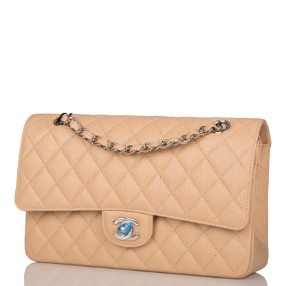 Chanel Medium Classic Double Flap Bag Beige Quilted Caviar Silver Hardware Rovelle Bags