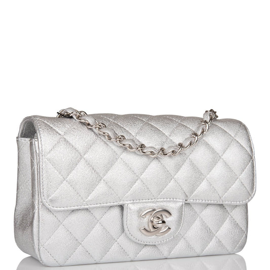 Chanel Mini Rectangular Flap Bag Silver Metallic Lambskin Silver Hardware Rovelle Bags