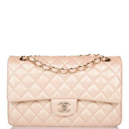 Chanel Medium Classic Double Flap Bag Beige Iridescent Calfskin Light Gold Hardware Rovelle Bags