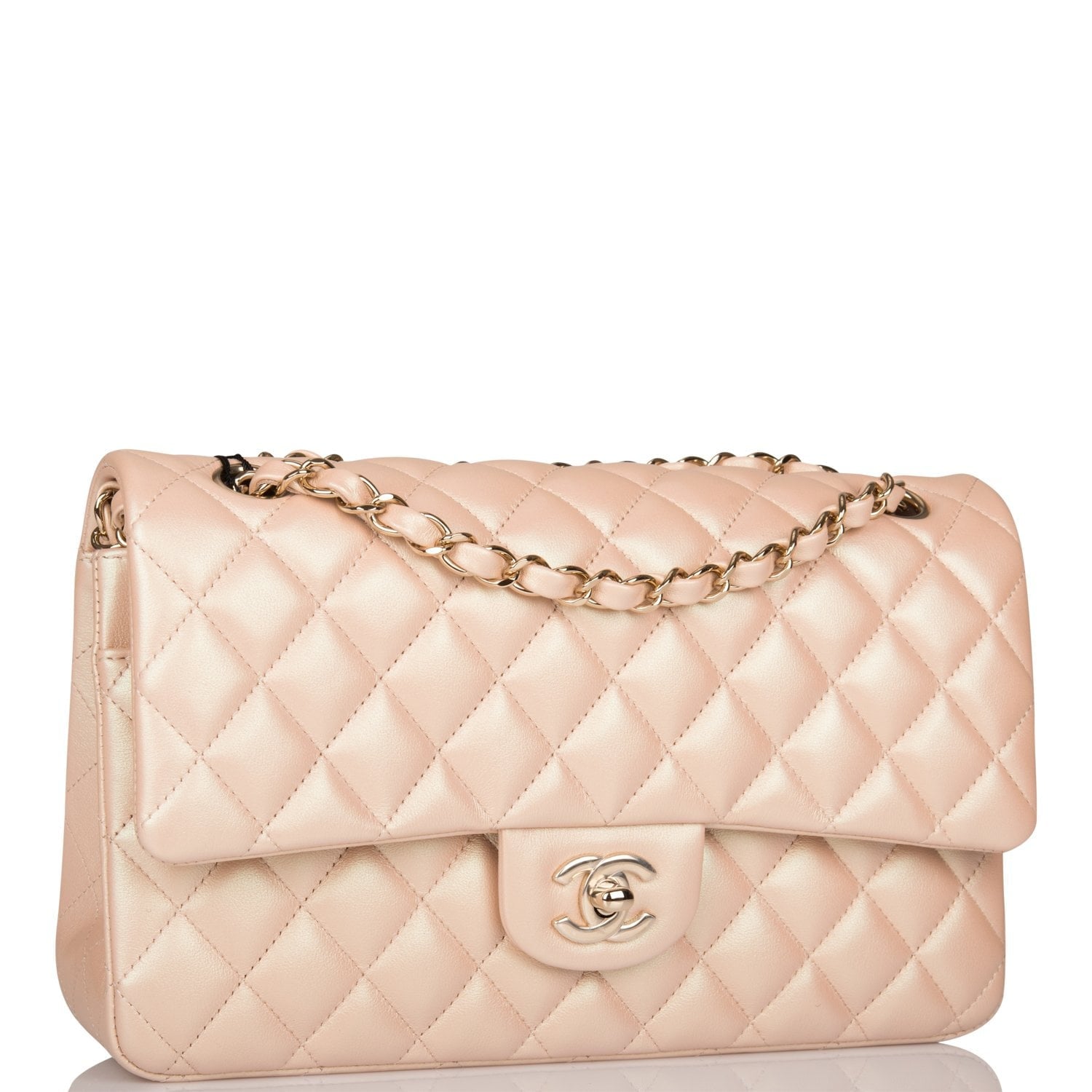 Chanel Medium Classic Double Flap Bag Beige Iridescent Calfskin Light Gold Hardware Rovelle Bags