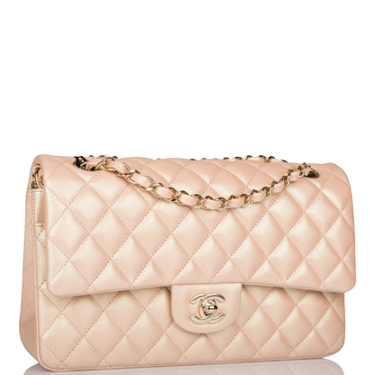 Chanel Medium Classic Double Flap Bag Beige Iridescent Calfskin Light Gold Hardware Rovelle Bags