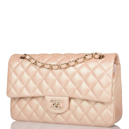 Chanel Medium Classic Double Flap Bag Beige Iridescent Calfskin Light Gold Hardware Rovelle Bags