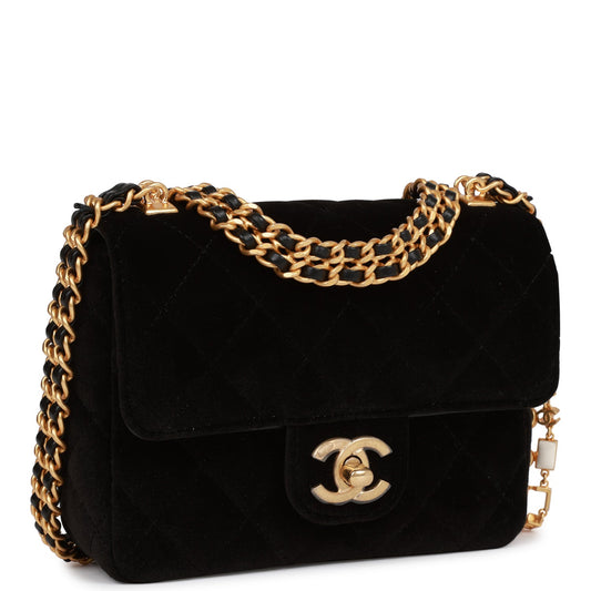 Chanel Mini Flap Bag Black Velvet Enamel And Gold Hardware Rovelle Bags