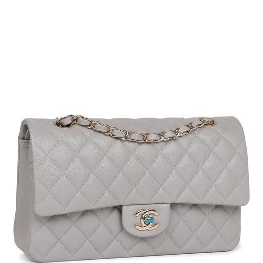 Chanel Medium Classic Double Flap Bag Grey Caviar Light Gold Hardware Rovelle Bags