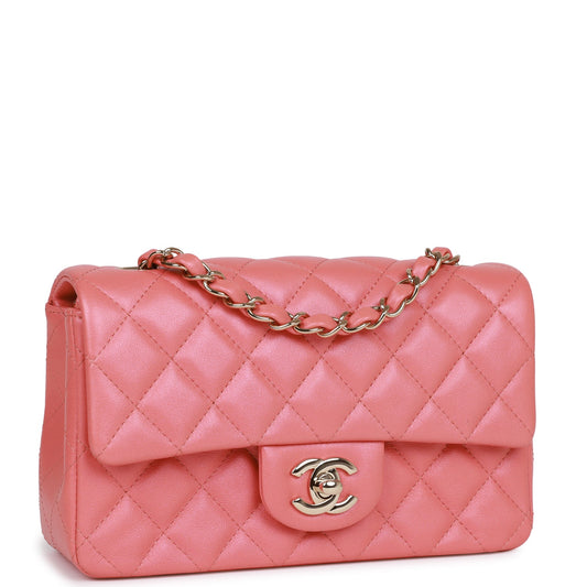 Chanel Mini Rectangular Flap Bag Pink Iridescent Lambskin Light Gold Hardware Rovelle Bags