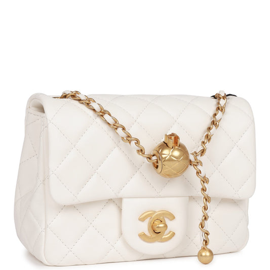 Chanel Pearl Crush Mini Square Flap Bag White Lambskin Antique Gold Hardware Rovelle Bags
