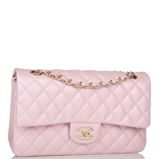 Chanel Medium Classic Double Flap Bag Pink Iridescent Lambskin Light Gold Hardware Rovelle Bags