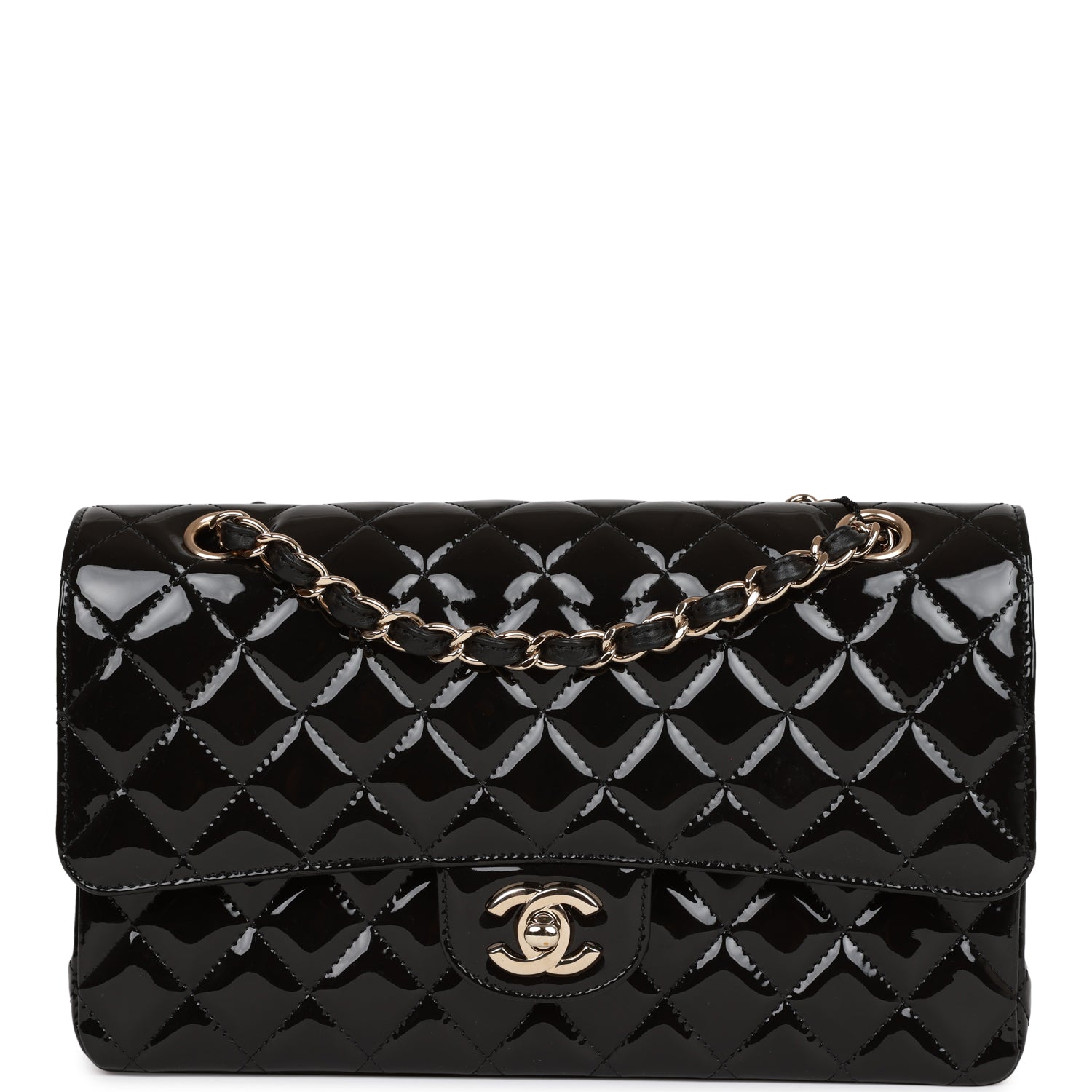 Chanel Medium Classic Double Flap Bag Black Patent Light Gold Hardware Rovelle Bags
