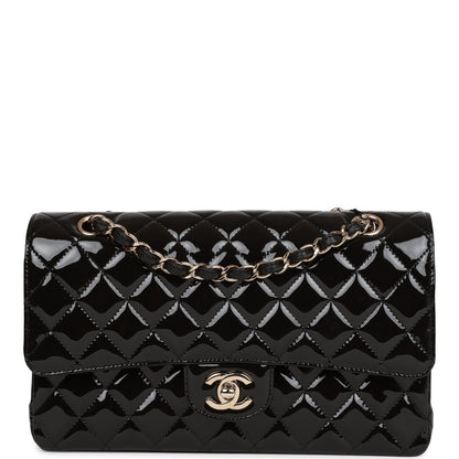 Chanel Medium Classic Double Flap Bag Black Patent Light Gold Hardware Rovelle Bags