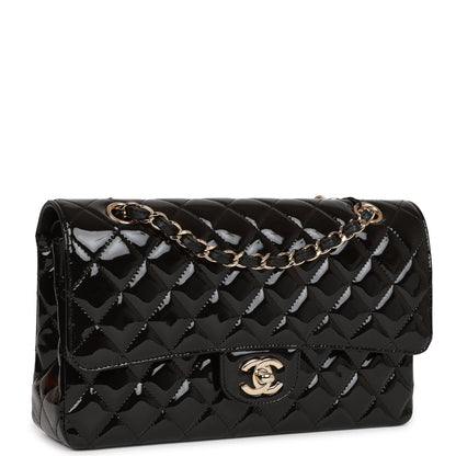 Chanel Medium Classic Double Flap Bag Black Patent Light Gold Hardware Rovelle Bags