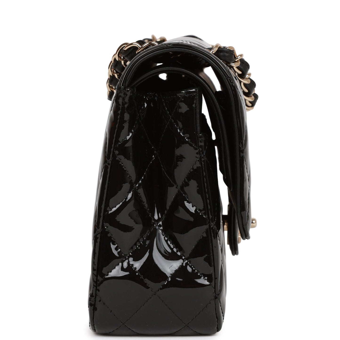 Chanel Medium Classic Double Flap Bag Black Patent Light Gold Hardware Rovelle Bags
