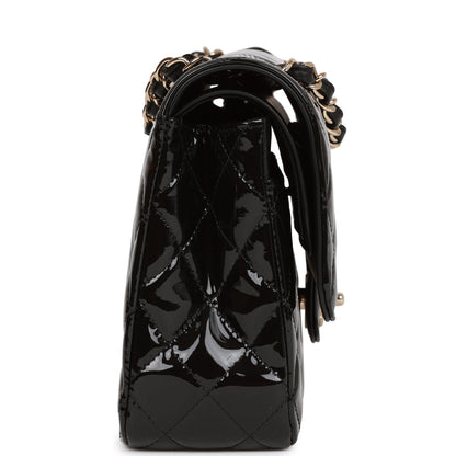Chanel Medium Classic Double Flap Bag Black Patent Light Gold Hardware Rovelle Bags