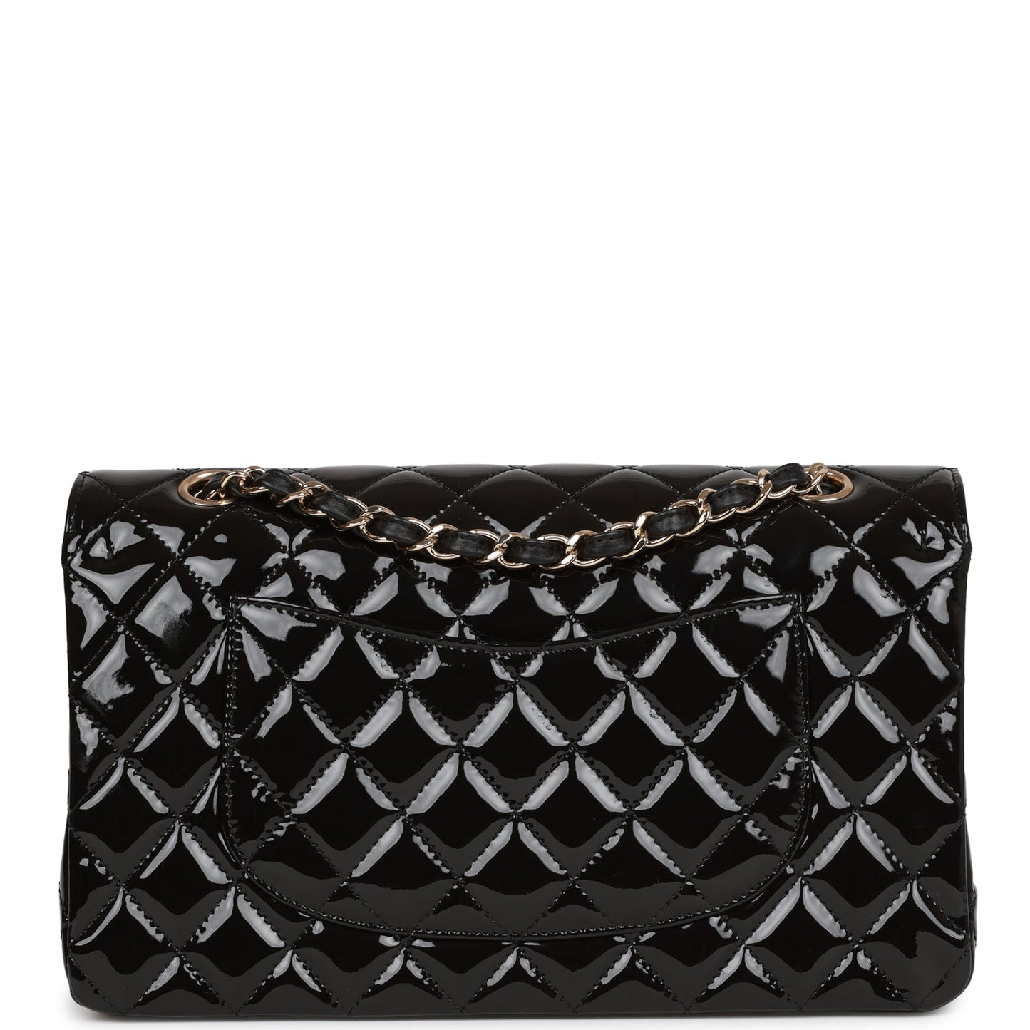 Chanel Medium Classic Double Flap Bag Black Patent Light Gold Hardware Rovelle Bags