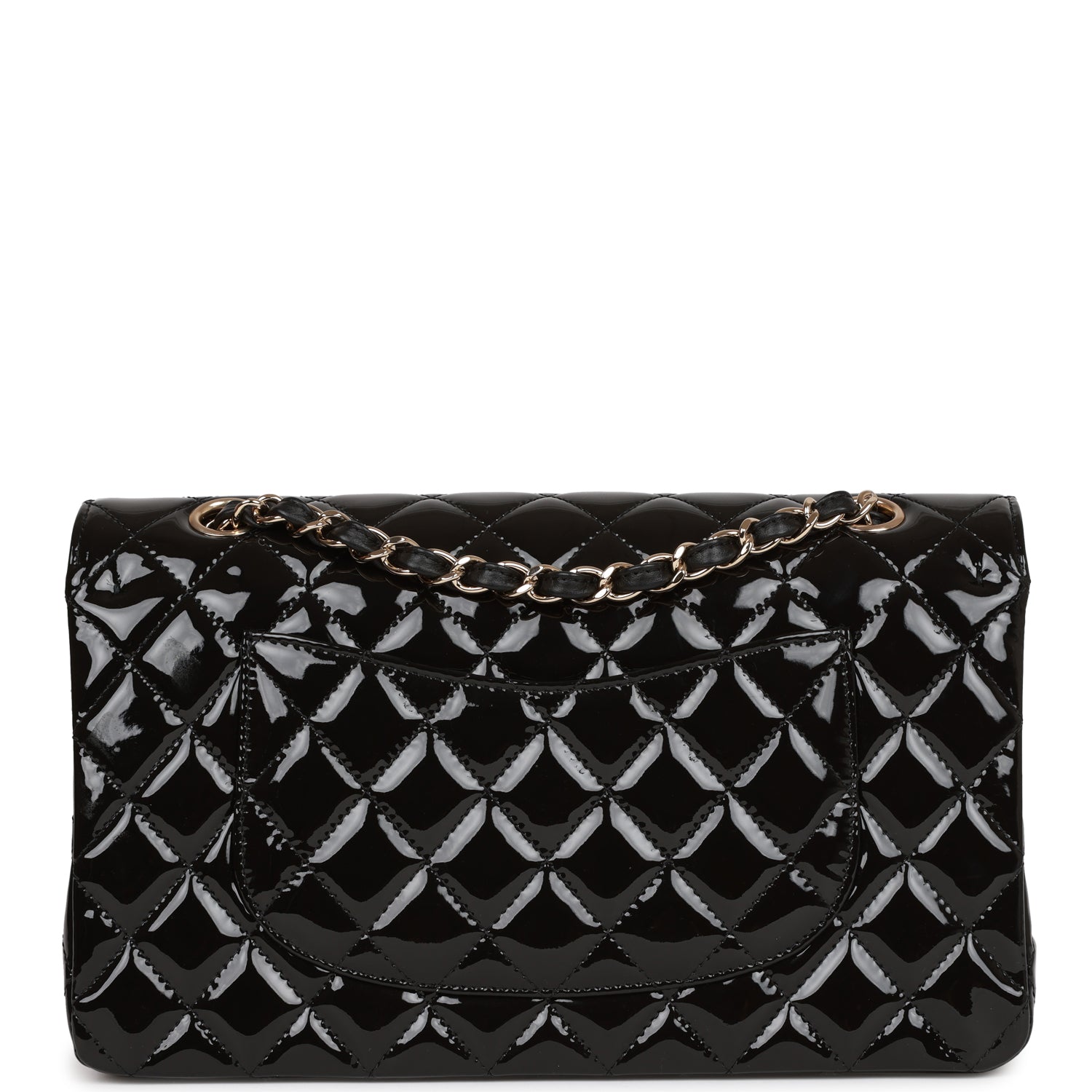Chanel Medium Classic Double Flap Bag Black Patent Light Gold Hardware Rovelle Bags